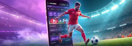 Jucător de fotbal și aplicație OneCasino pe mobil pentru pariuri și jocuri de cazino